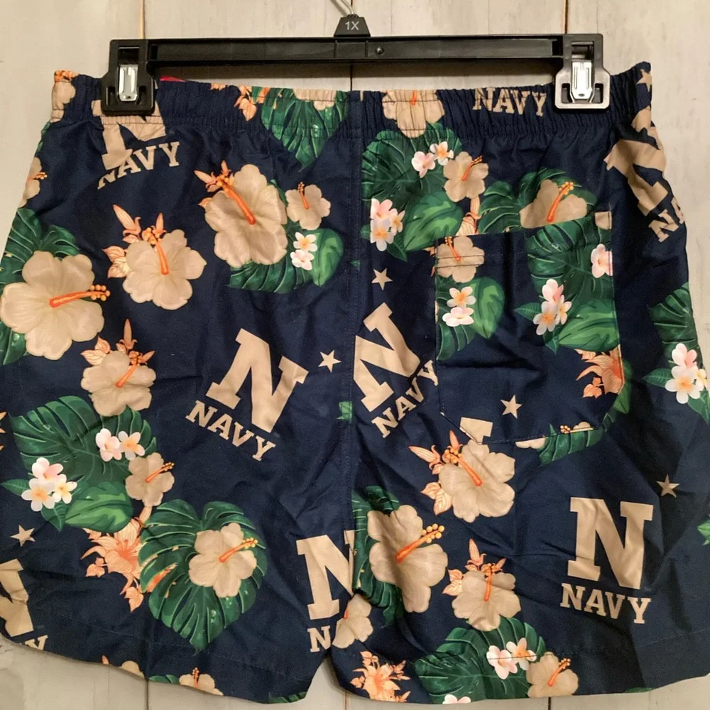 Navy Aloha Print LSwim Trunks Mens Large Shorts Blue 100% collegiate License New